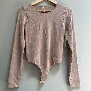 Mono B Ribbed Long Sleeve Thong Bodysuit Anthropologie Tan Neutral New Large